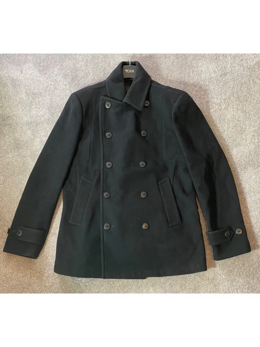 Tumi Mens Black Wool Blend Double-Breasted Peacoat Button Cuffs Side Pockets
